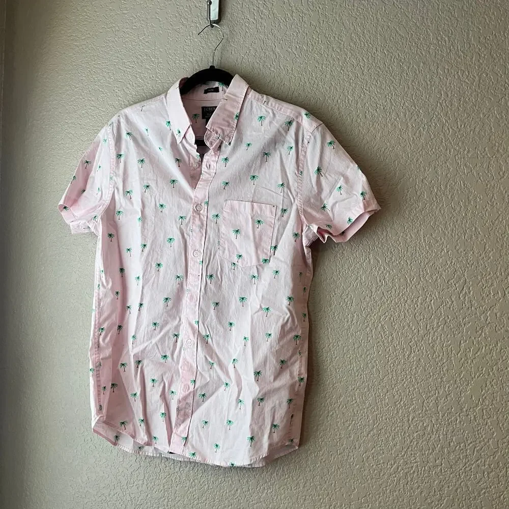 J. Crew Men’s Flex Wash Slim Collared Button Down Shirt Medium Pink Palm Tree